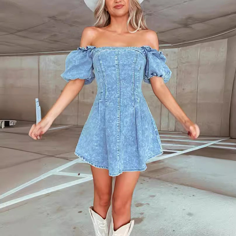 Fashionable and Sexy Slim Fit Puff Sleeve Backless Denim Dress