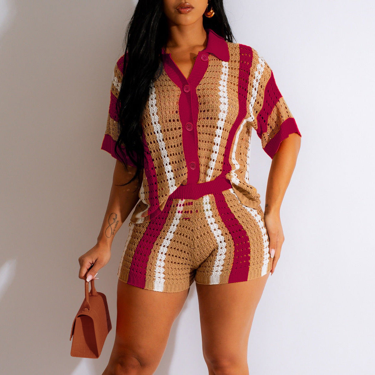 Hollow Transparent Contrast Lapel Knitted Shorts Set