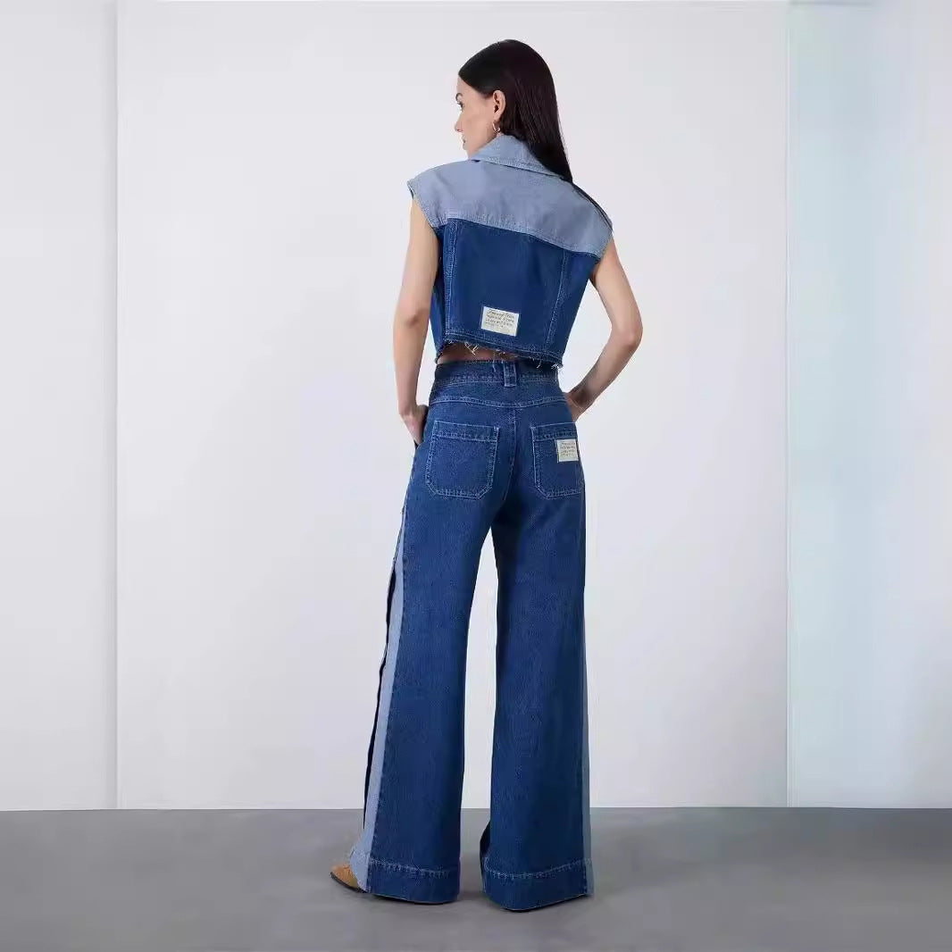 Retro Loose Short Lapel Single-breasted Denim Vest + Jeans