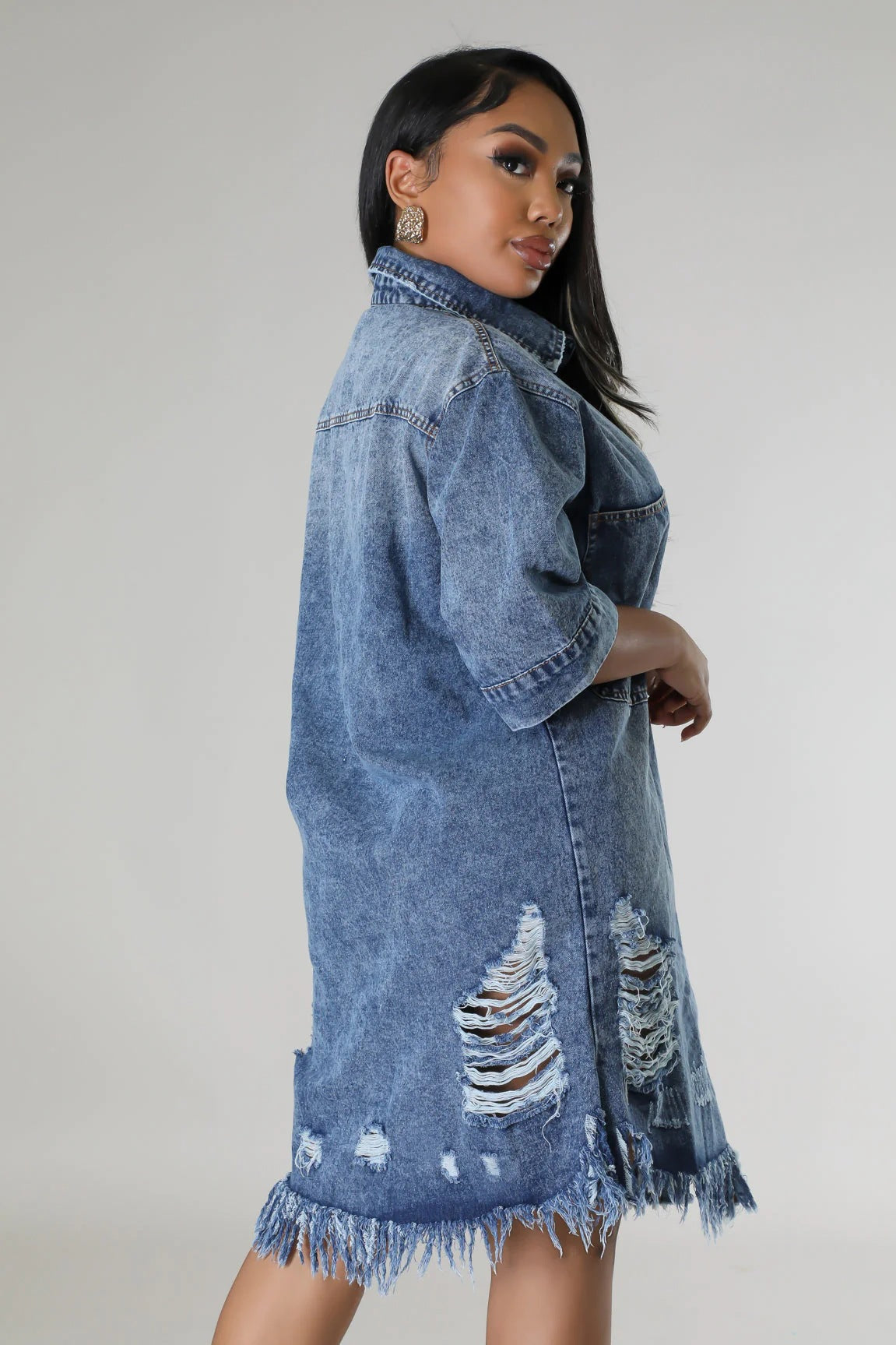 Loose Lapel Short Sleeve Ripped Washed Denim Dress