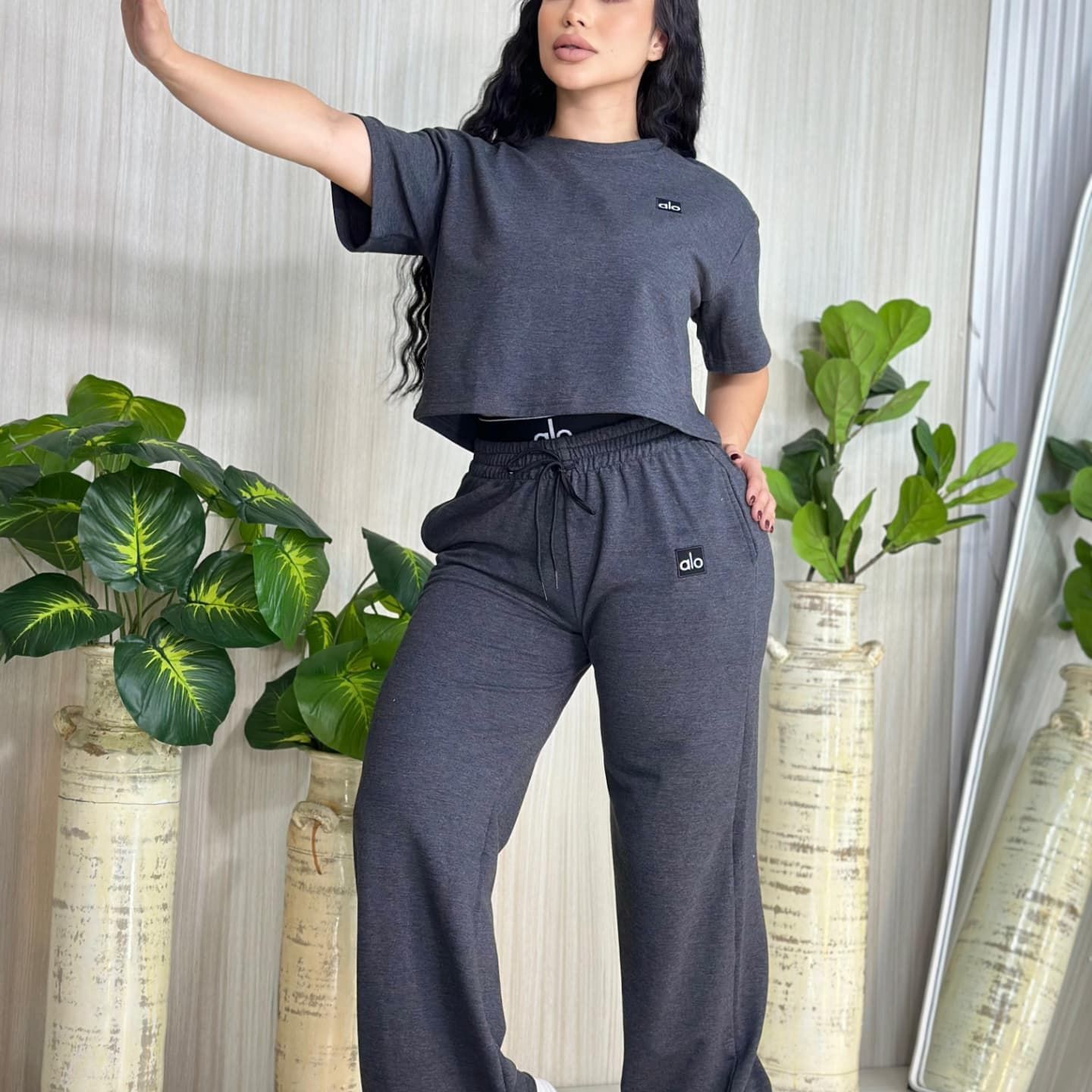Casual Embroidered Letter High Waist Wide Leg Pants Suit