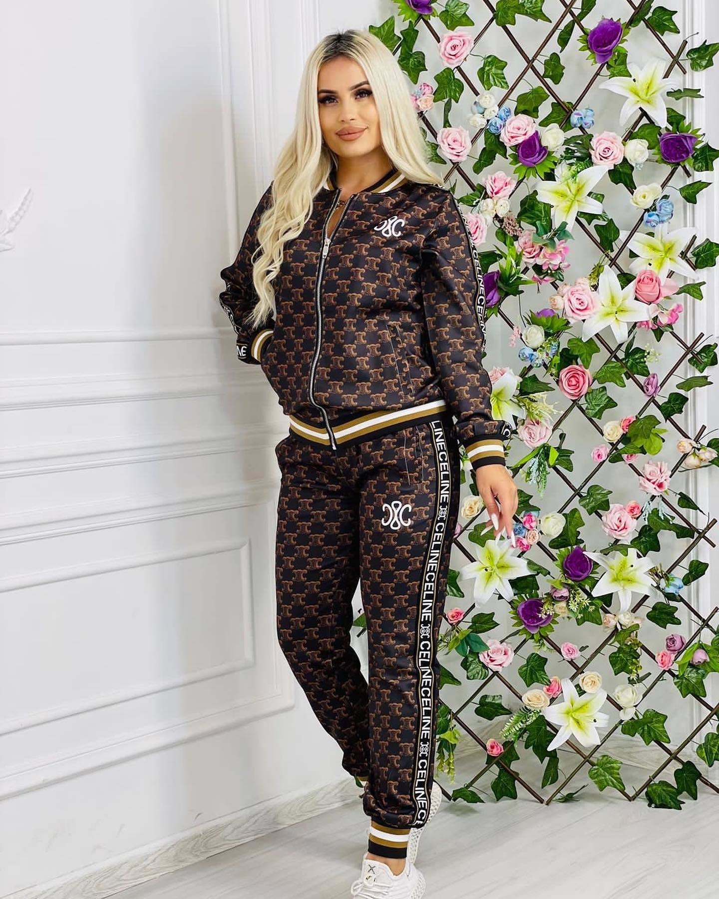 Stylish Casual Ribbed Print Sports Two-Piece Set