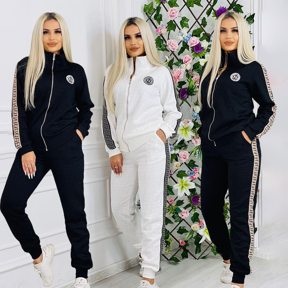 Ribbed Embroidery Embossed Long-Sleeved Trousers Zipper Suit