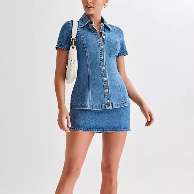Modern Style Denim Short Sleeve Button High Waist Skirt Suit