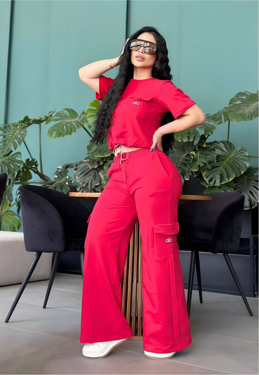 Embroidered Letter Short-Sleeve Wide-Leg Trousers Casual Sports Suit