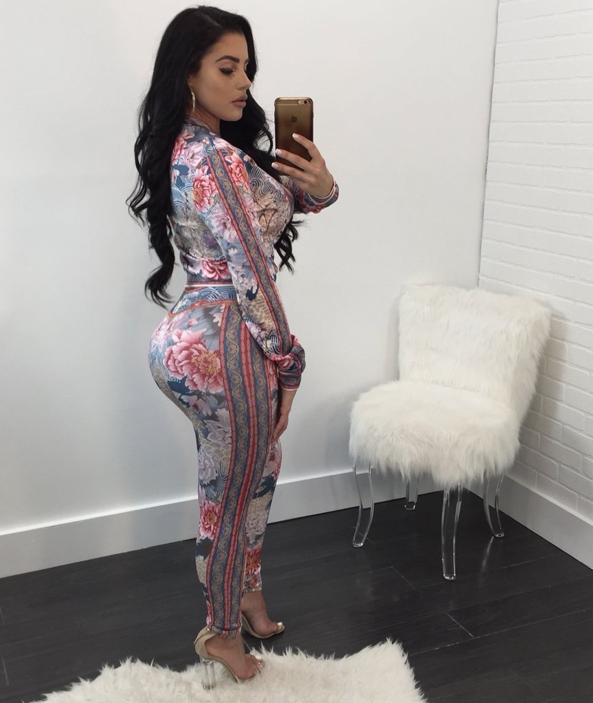 White Flower Printed Zipper Long Sleeve Sports Casual Suit