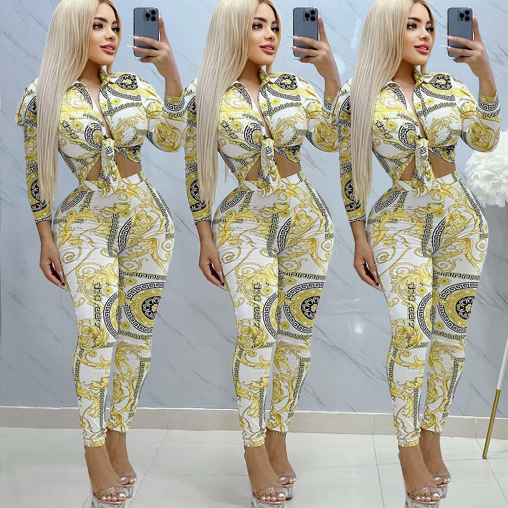 Fashionable Unique Printed Puff Sleeve Shirt and Pants Set