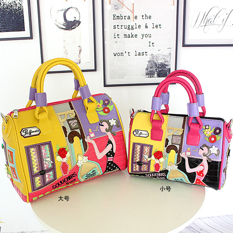 Embroidered Cartoon Patchwork Boston Shoulder Tote Bag