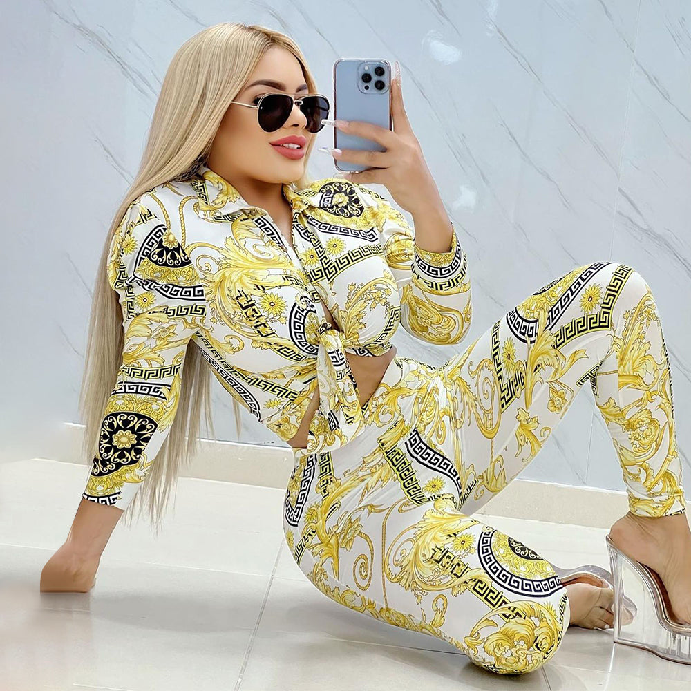 Fashionable Unique Printed Puff Sleeve Shirt and Pants Set