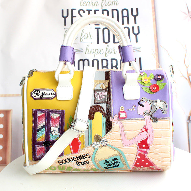 Embroidered Cartoon Patchwork Boston Shoulder Tote Bag