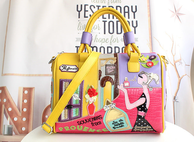 Embroidered Cartoon Patchwork Boston Shoulder Tote Bag