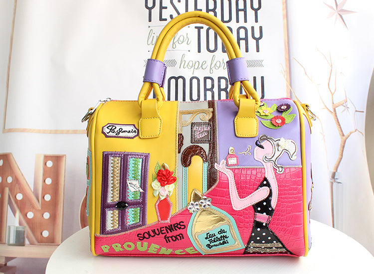 Embroidered Cartoon Patchwork Boston Shoulder Tote Bag