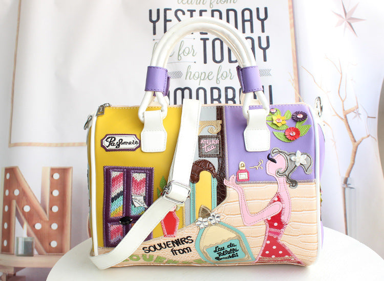 Embroidered Cartoon Patchwork Boston Shoulder Tote Bag