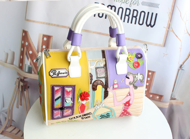 Embroidered Cartoon Patchwork Boston Shoulder Tote Bag