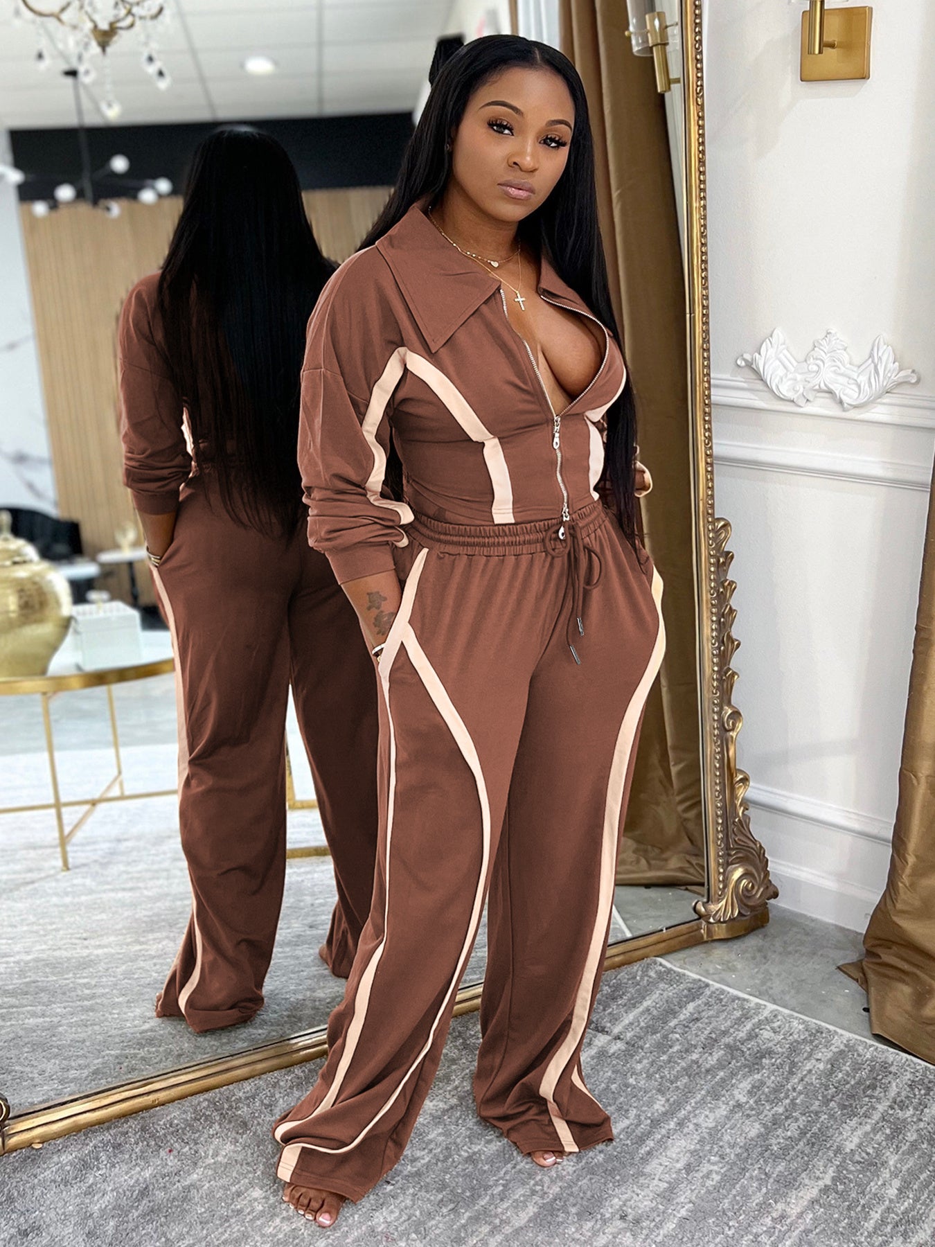 Stylish and Casual Color-blocked Long-sleeved Cardigan Tracksuit