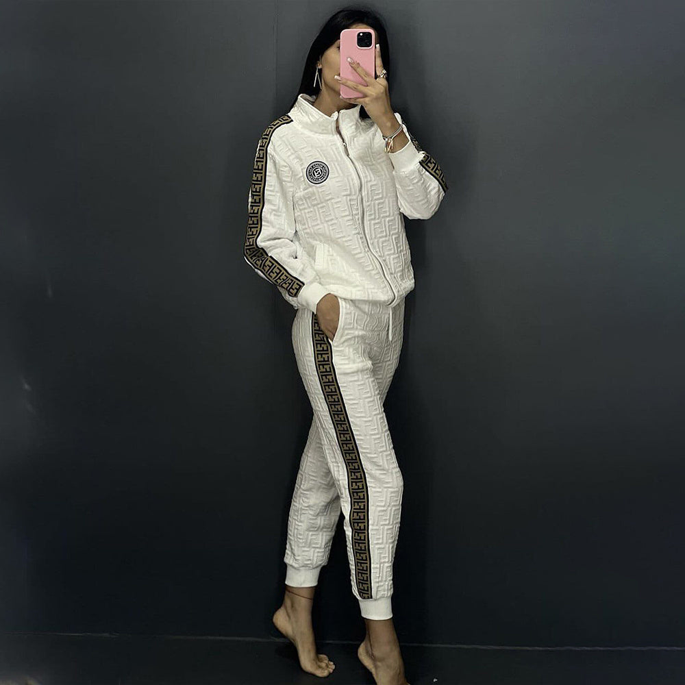 Fashionable Outdoor Embossed Embroidered Zip-up Jacket Set