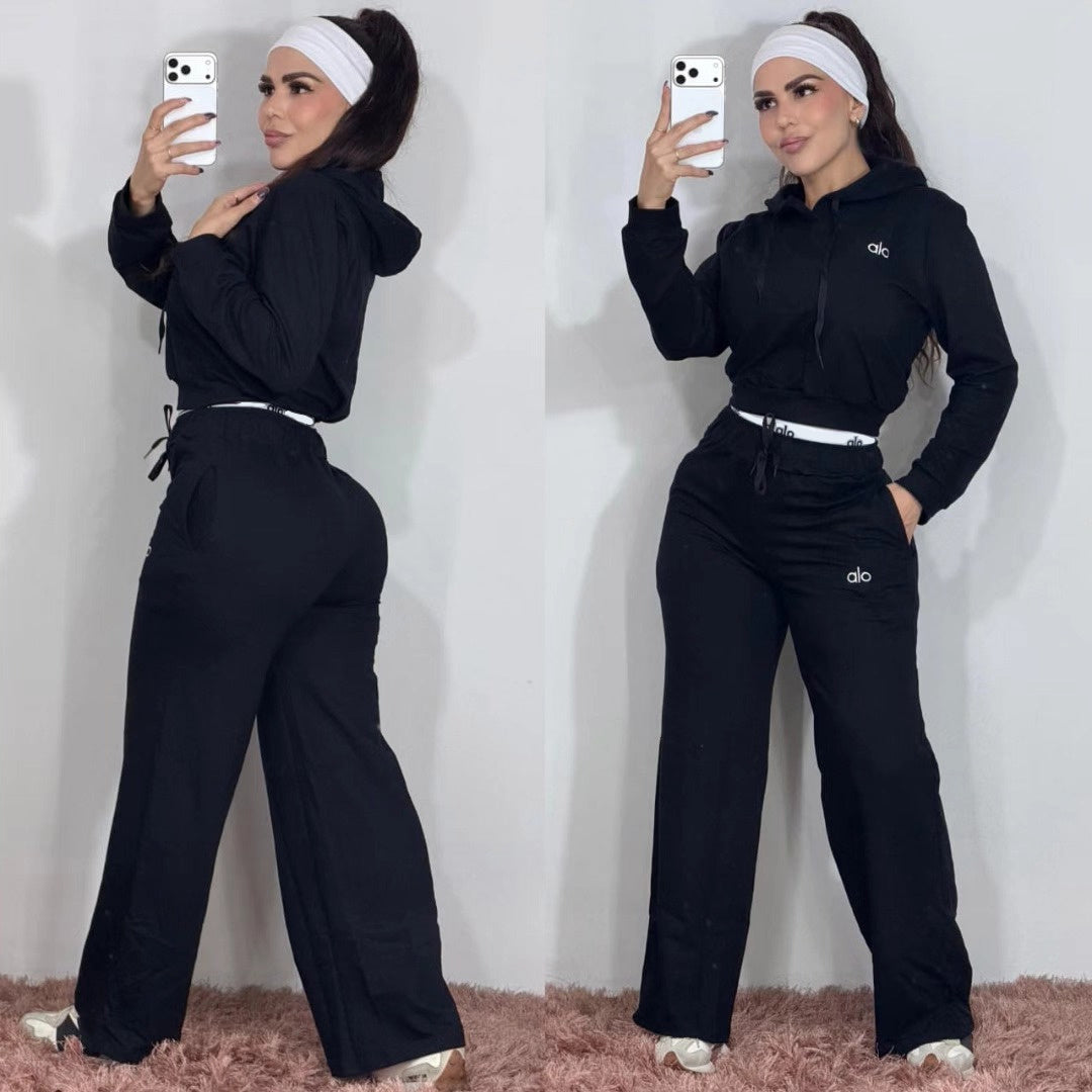 Embroidered Sweatshirt with Double Waistband and Wide-leg Pants Casual Sportswear Set