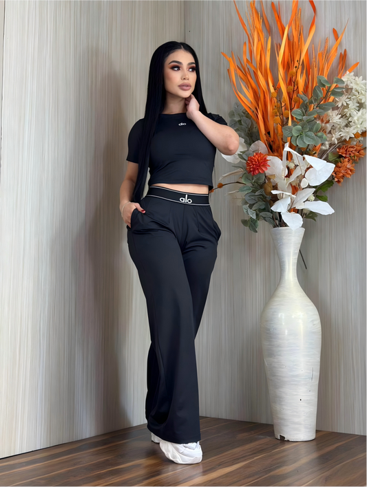 Embroidered Letter Crew Neck Short-Sleeve Wide-Leg Trousers Casual Sports Suit