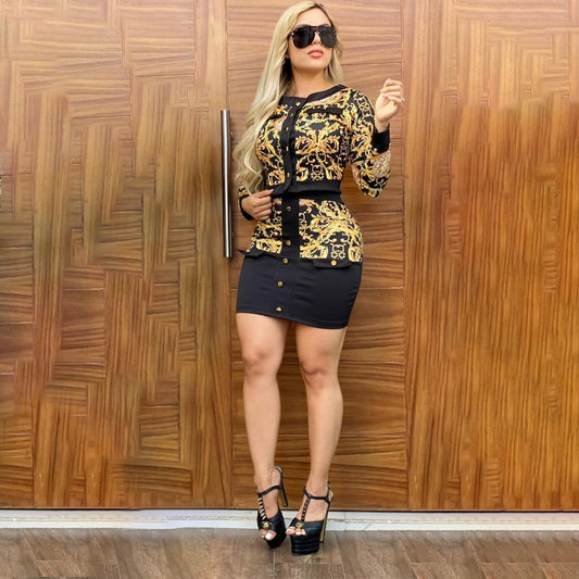Fashionable Temperament Splicing Elegant Button Skirt Suit
