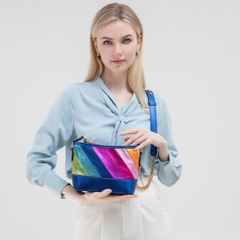 Contrast Rainbow Patchwork Chain Shoulder Crossbody Bag