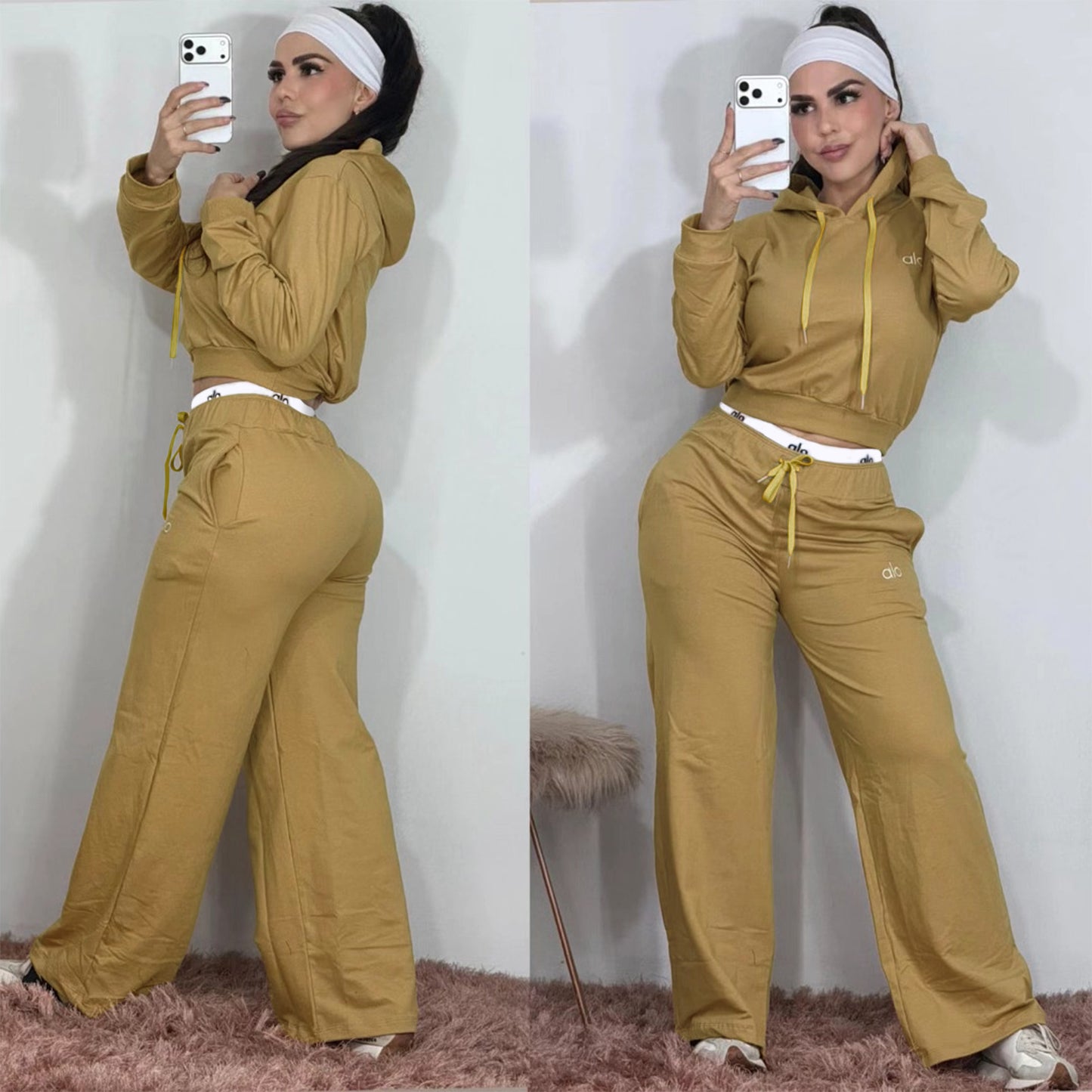 Embroidered Sweatshirt with Double Waistband and Wide-leg Pants Casual Sportswear Set