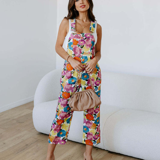 Fashionable and Casual Floral Print Loose Jumpsuit
