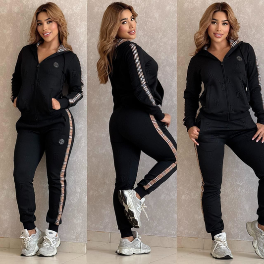 Stylish and Elegant Jacquard Zip-up Hooded Two-piece Set