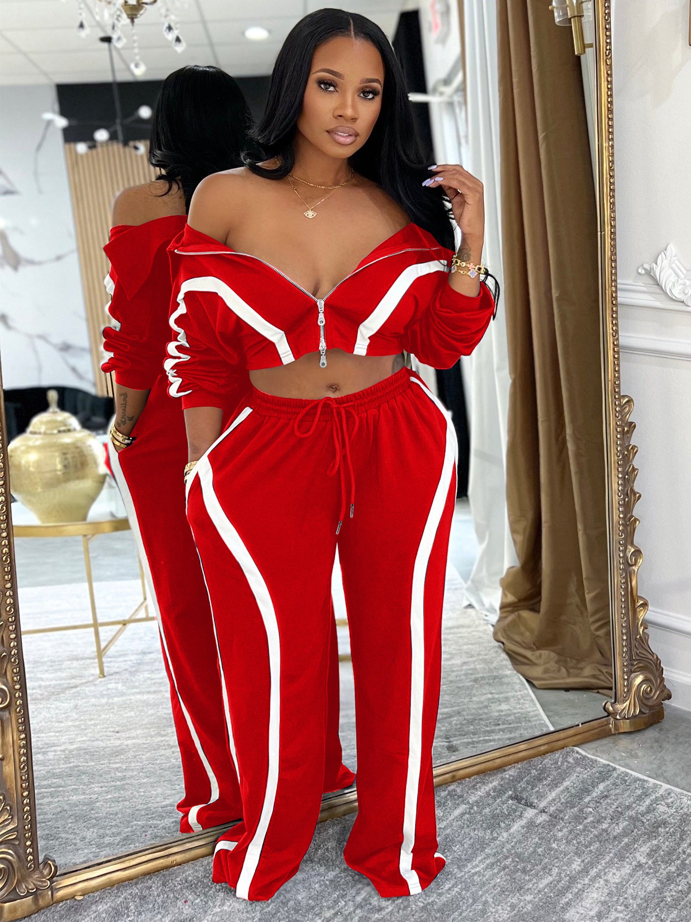 Stylish and Casual Color-blocked Long-sleeved Cardigan Tracksuit