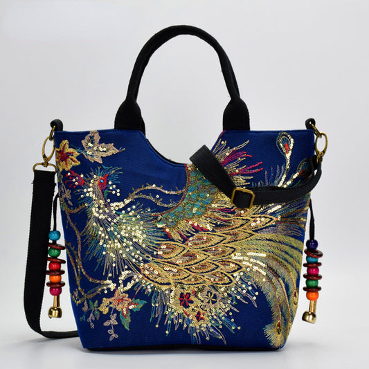Vintage Canvas Embroidered Large Capacity Shoulder Strap Crossbody Tote Bag