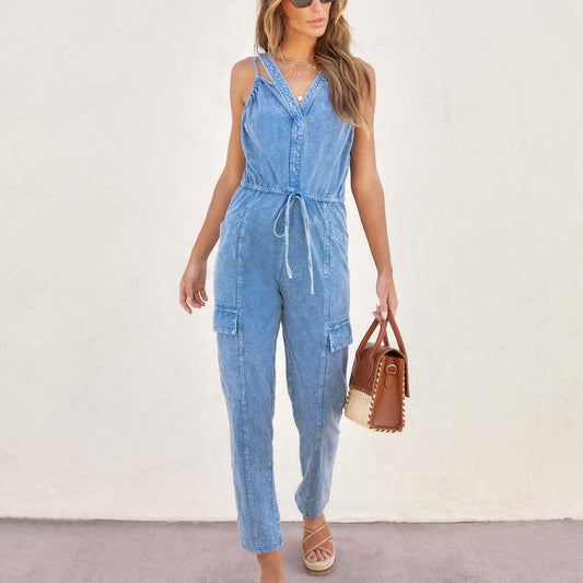 New Fashion Casual Washed Lace-Up Denim Overalls