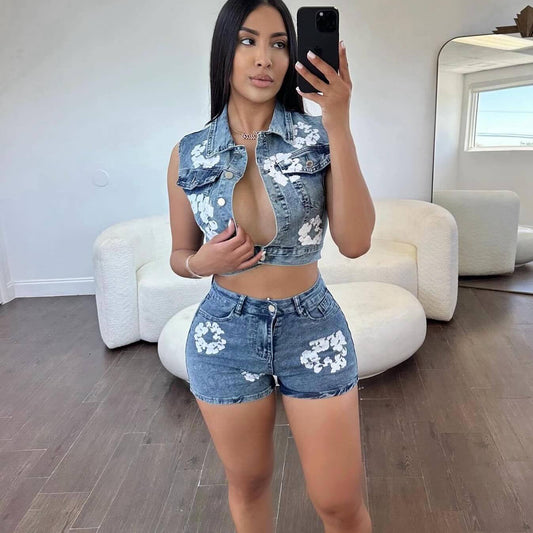 Snowflake Print Distressed Stretch Denim Shorts Set