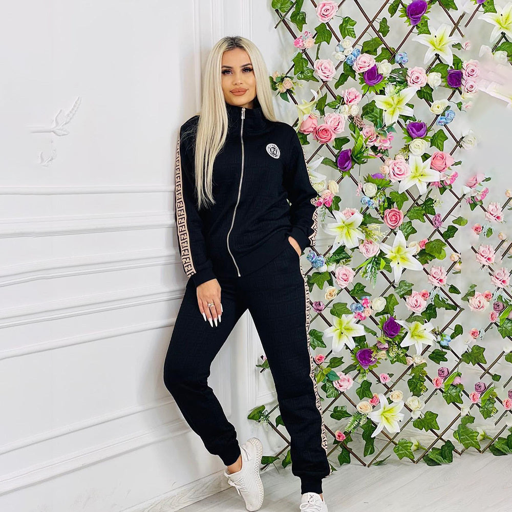 Ribbed Embroidery Embossed Long-Sleeved Trousers Zipper Suit