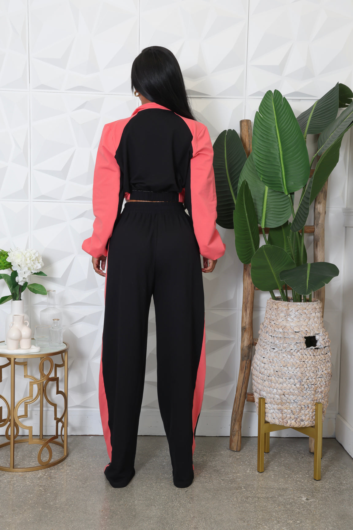 Long-sleeved Turtleneck Color-blocked Short Jacket and Wide-leg Pants Tracksuit