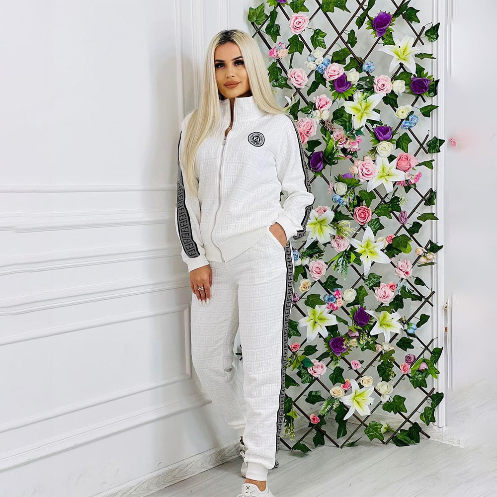 Ribbed Embroidery Embossed Long-Sleeved Trousers Zipper Suit