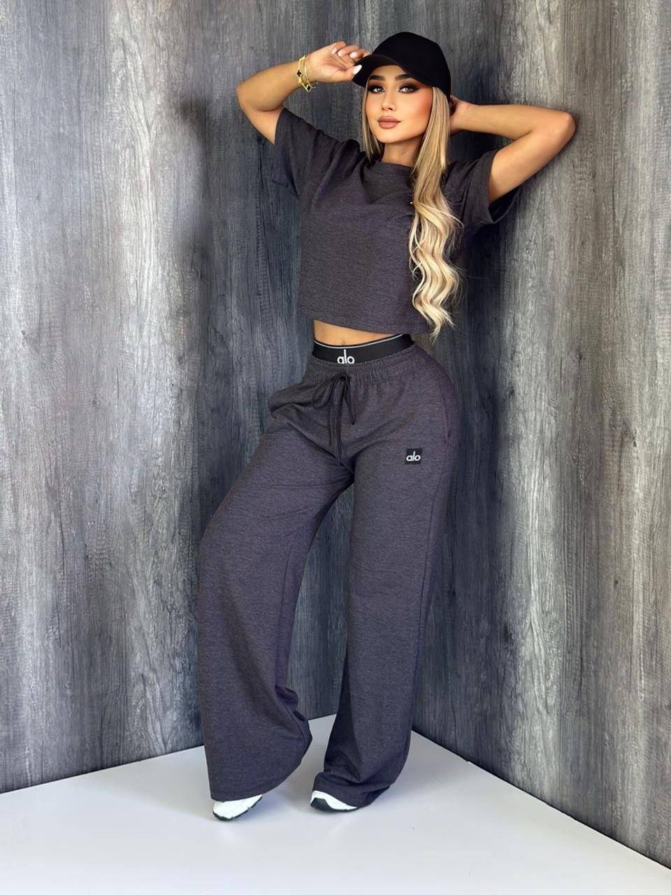 Casual Embroidered Letter High Waist Wide Leg Pants Suit