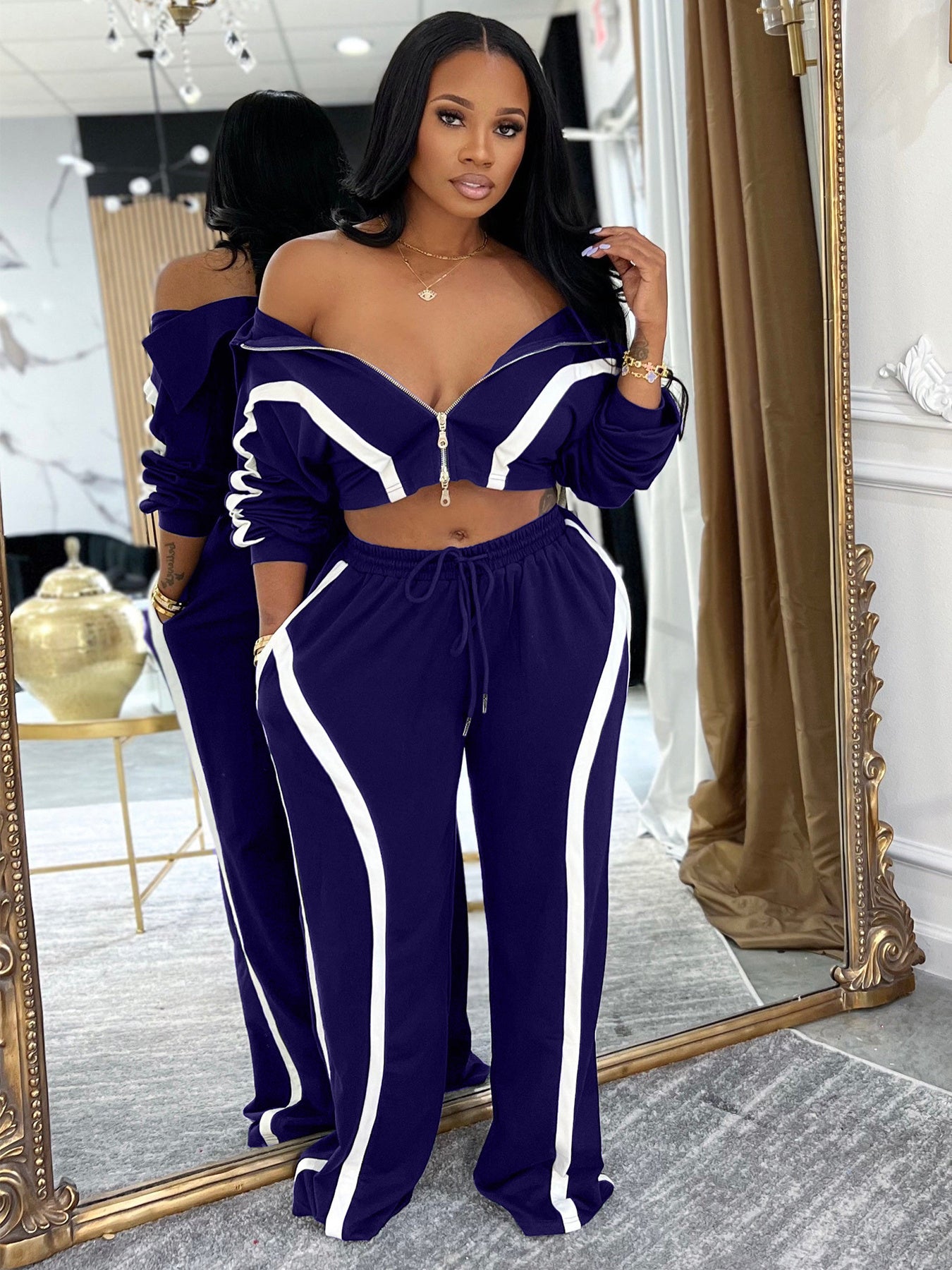 Stylish and Casual Color-blocked Long-sleeved Cardigan Tracksuit