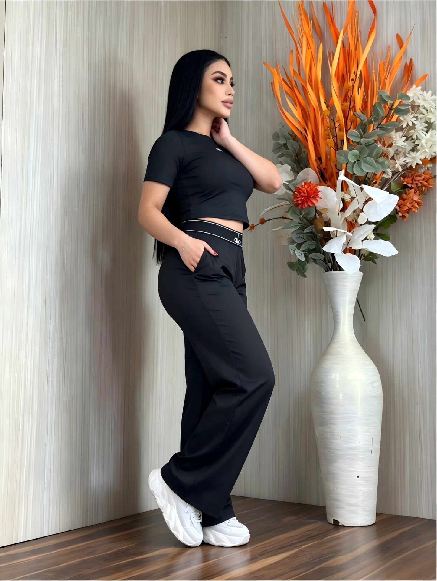 Embroidered Letter Crew Neck Short-Sleeve Wide-Leg Trousers Casual Sports Suit