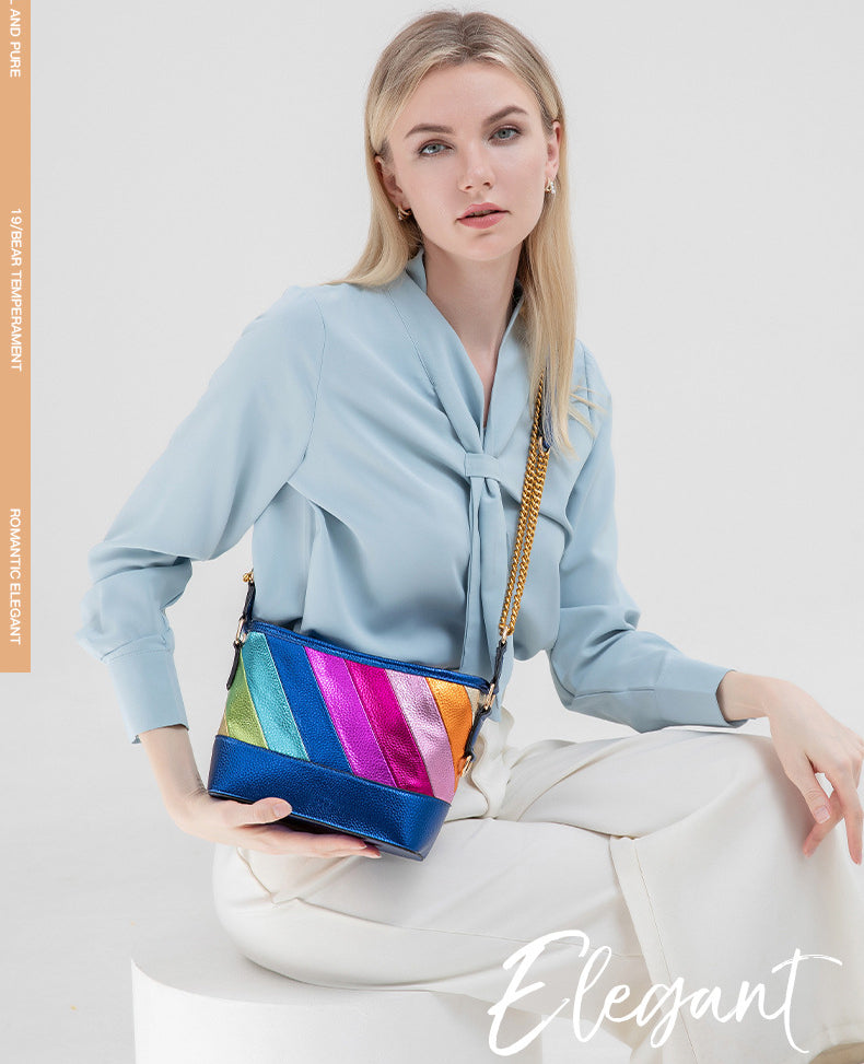 Contrast Rainbow Patchwork Chain Shoulder Crossbody Bag