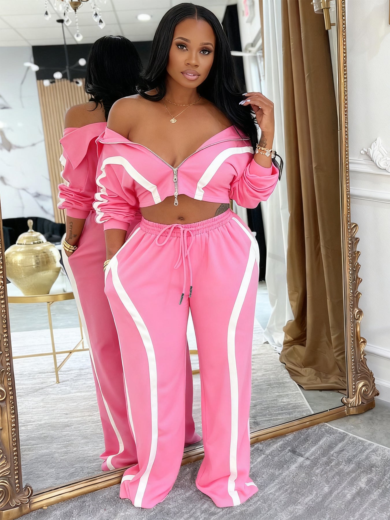Stylish and Casual Color-blocked Long-sleeved Cardigan Tracksuit