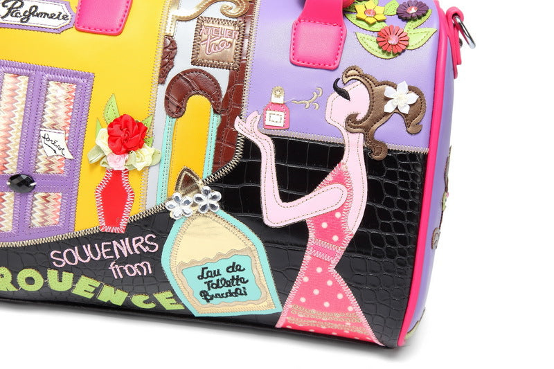 Embroidered Cartoon Patchwork Boston Shoulder Tote Bag