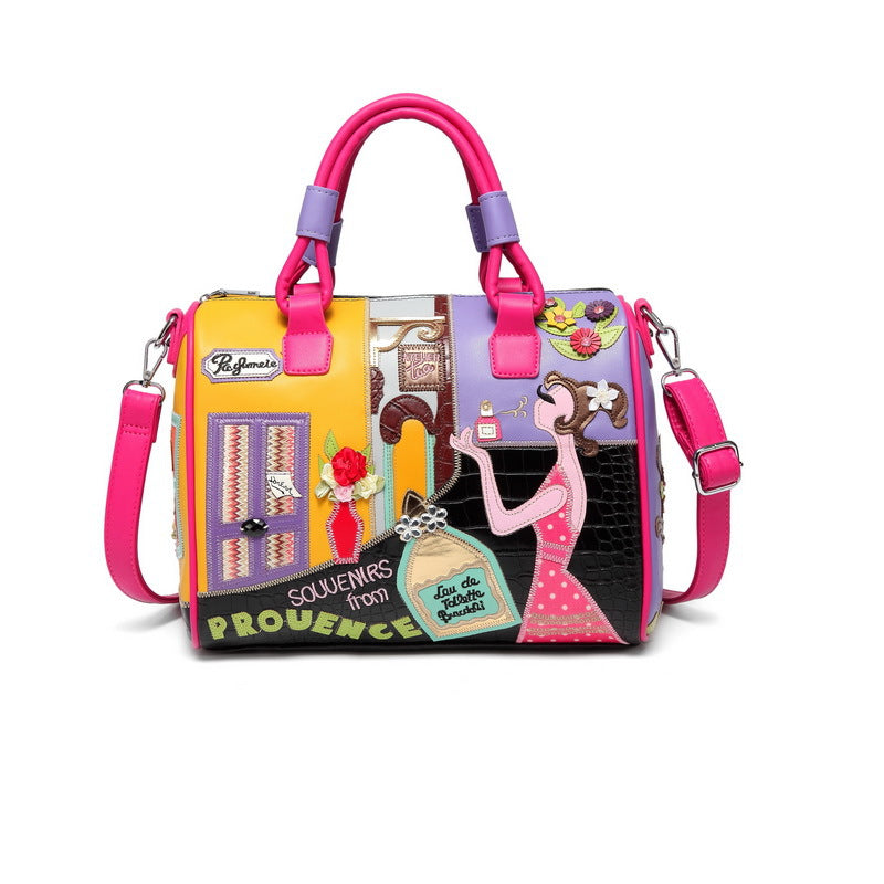 Embroidered Cartoon Patchwork Boston Shoulder Tote Bag