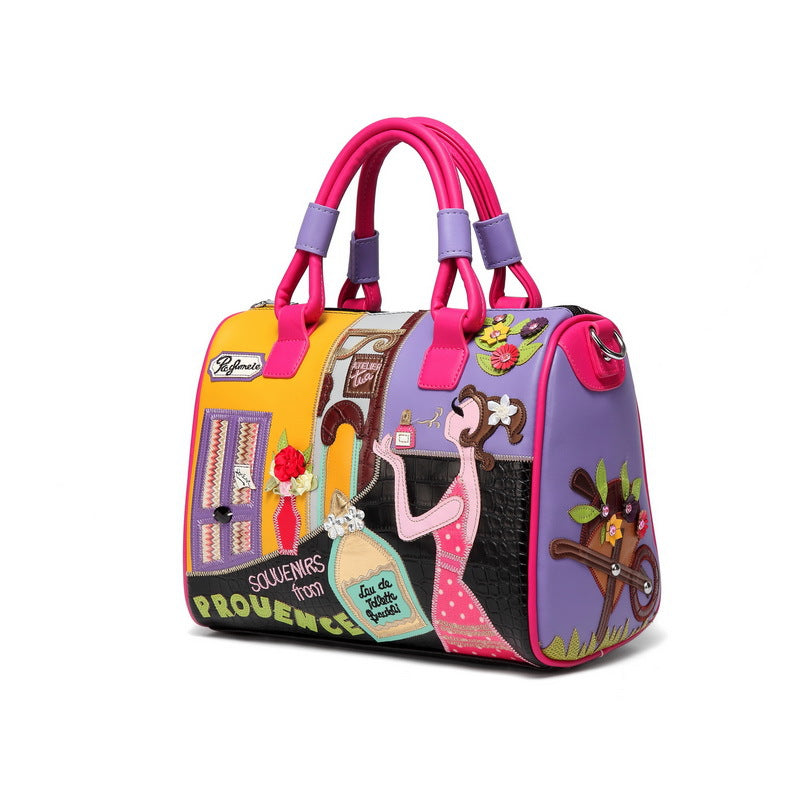 Embroidered Cartoon Patchwork Boston Shoulder Tote Bag