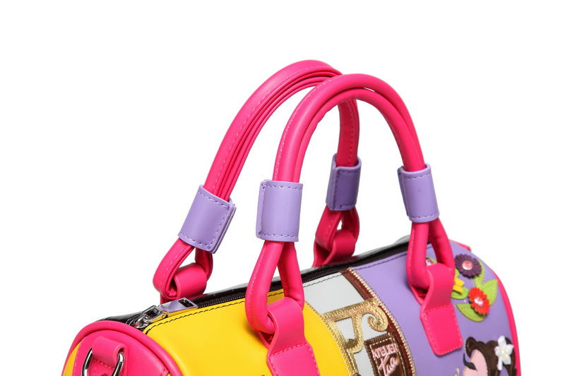 Embroidered Cartoon Patchwork Boston Shoulder Tote Bag