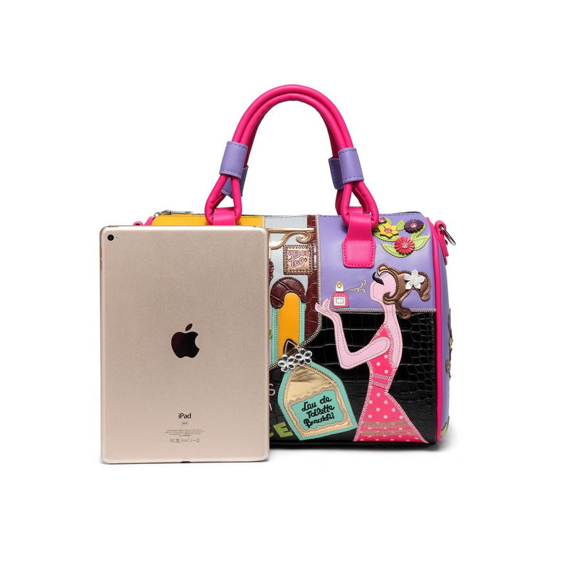 Embroidered Cartoon Patchwork Boston Shoulder Tote Bag