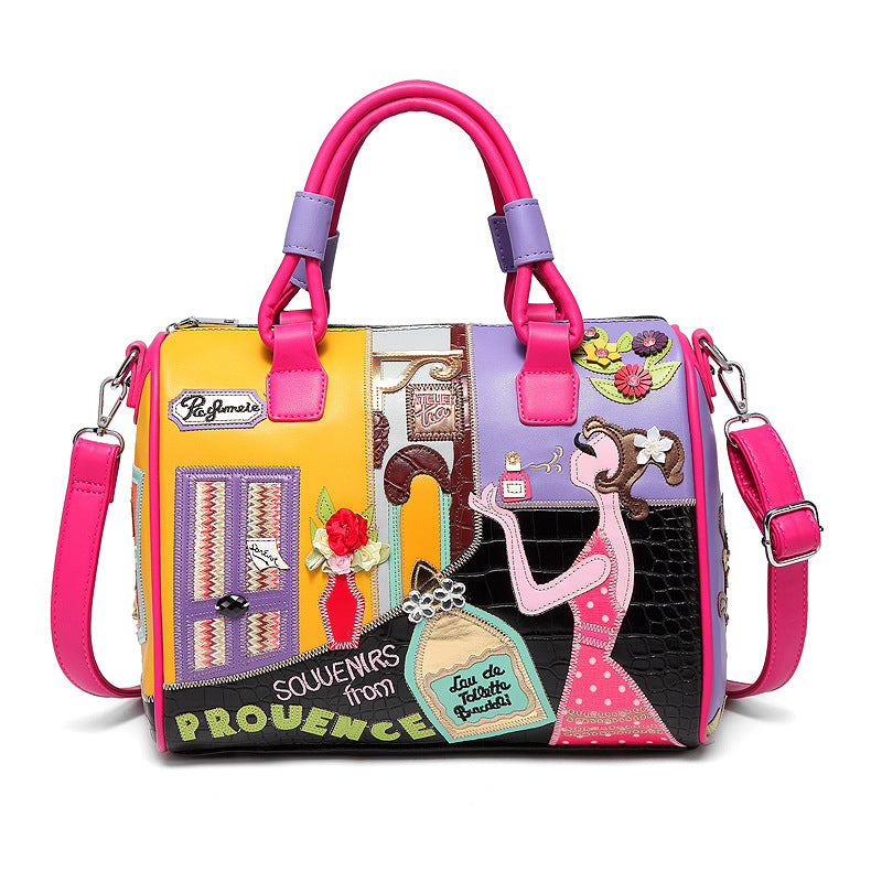 Embroidered Cartoon Patchwork Boston Shoulder Tote Bag