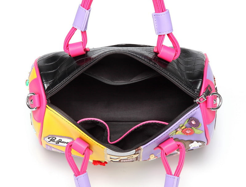 Embroidered Cartoon Patchwork Boston Shoulder Tote Bag