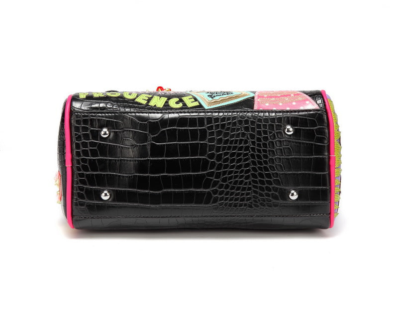 Embroidered Cartoon Patchwork Boston Shoulder Tote Bag