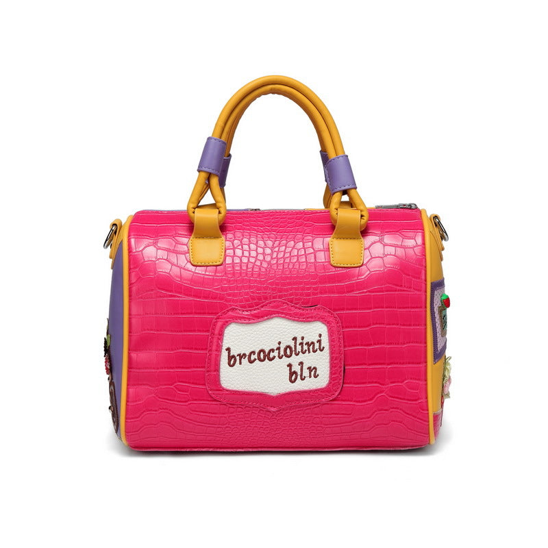 Embroidered Cartoon Patchwork Boston Shoulder Tote Bag