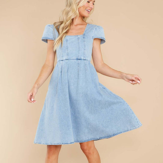 Temperament Commuting Solid Color Washed Denim A-line Dress