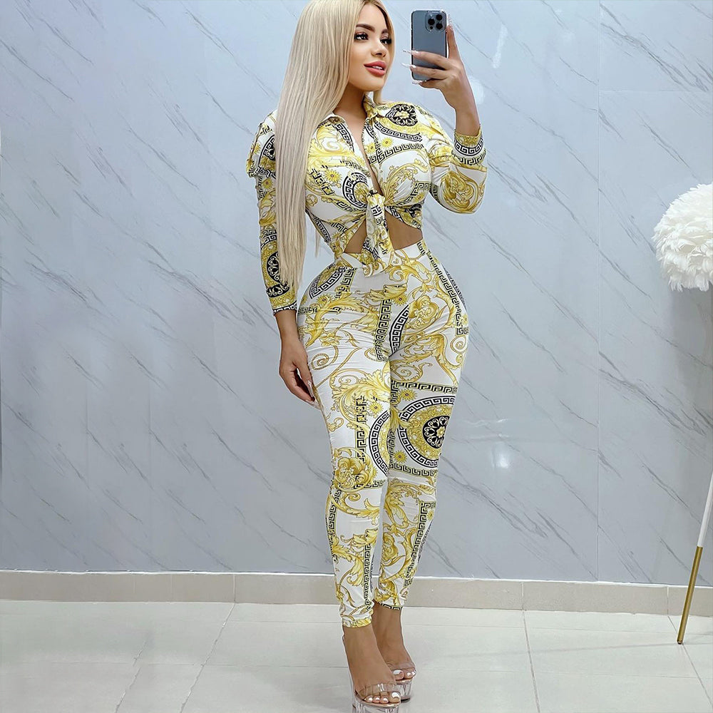 Fashionable Unique Printed Puff Sleeve Shirt and Pants Set
